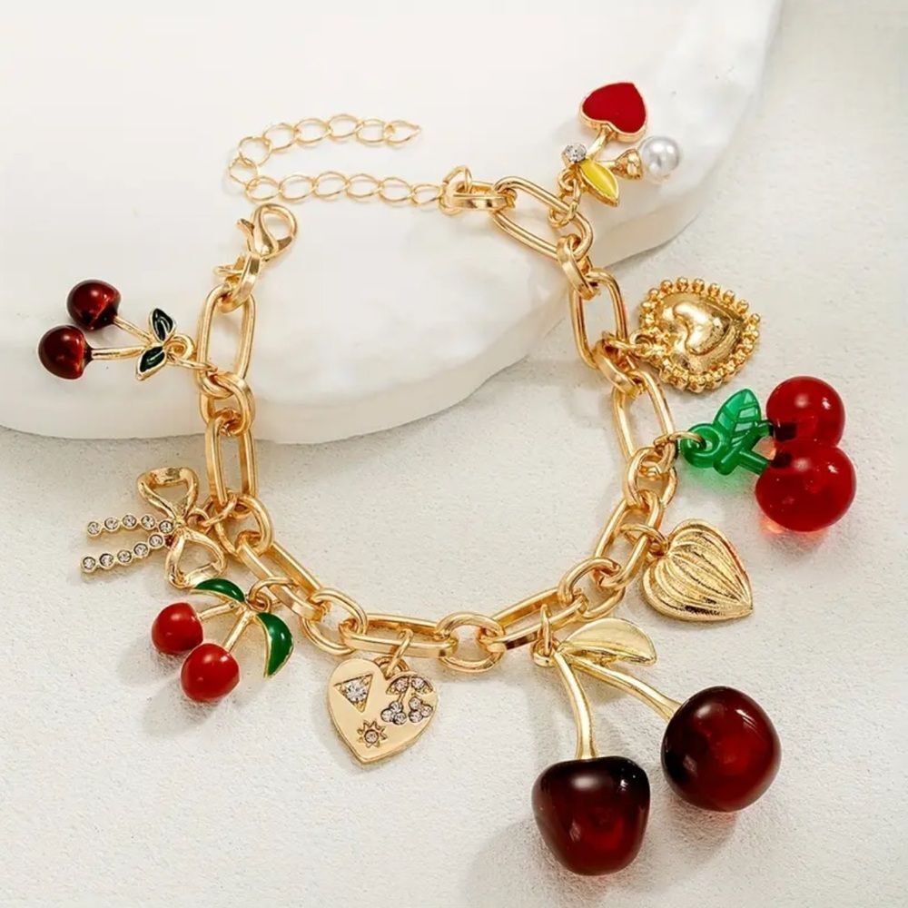 Gold Cherry Alloy  Charm Bracelet and earrings - Picture 6 of 13